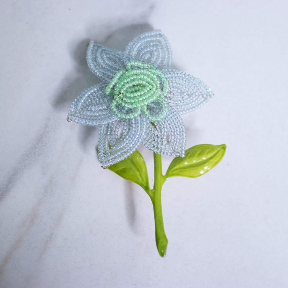 Vintage French‎ Wire Blue and Green Seed Bead Flowe